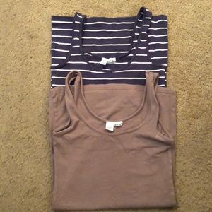 2 navy blue/white striped and tan Abound tank tops